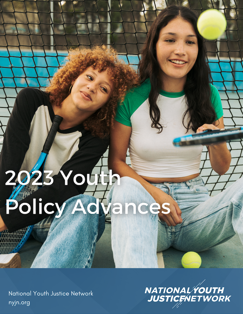 Image of two young people on tennis court smiling with a cover title: 2023 Youth Policy Advances.