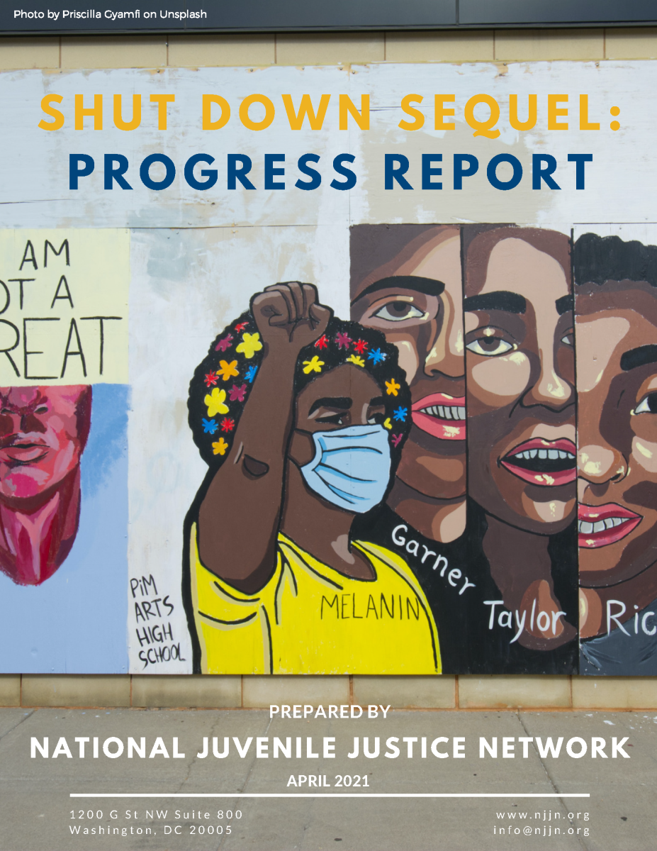 Publication cover with mural of Black protestors and headline: Shut Down Sequel Progress Report